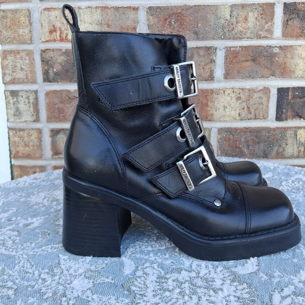 Harley-Davidson Black Leather Moto Combat Boots Sz 5 Biker-Chic Grunge Gothic - Picture 6 of 16
